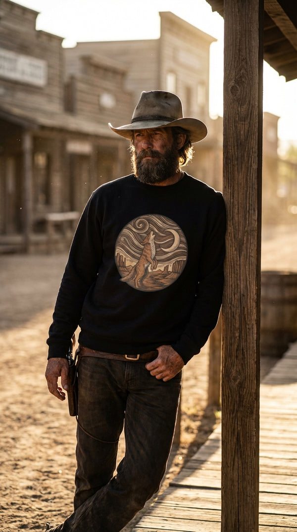 Starry Night Coyote Organic Cotton Sweatshirt - Cowboy Model in Western Town - Eco-Aesthetic Lifestyle