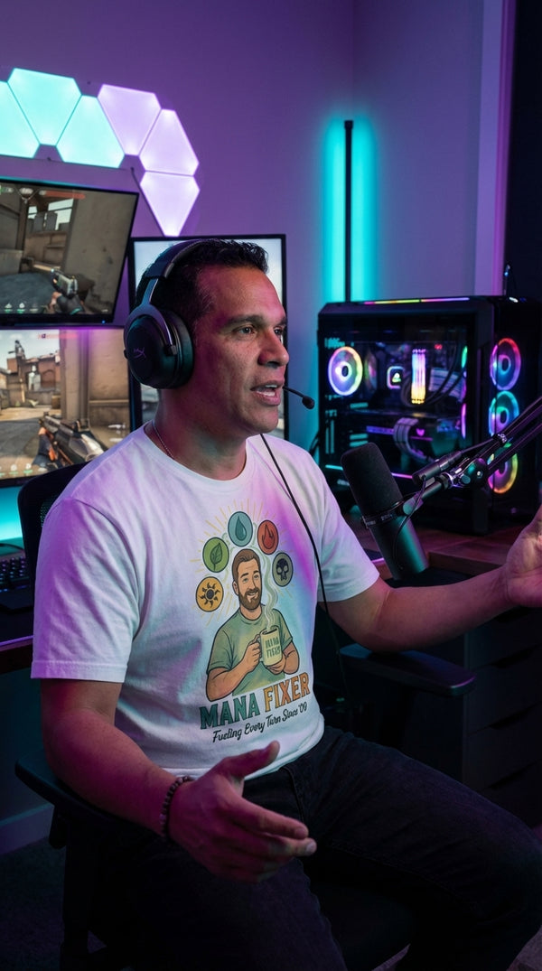 Mana Fixer Dad Tee - Male Streamer in RGB Gaming Room - Kitchen Table Legend