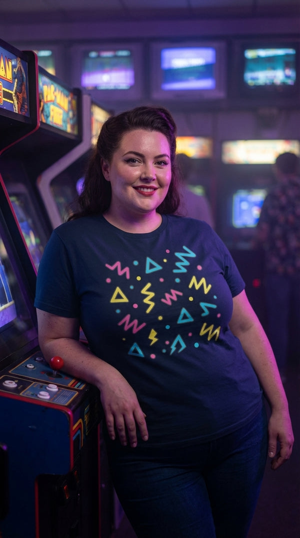 Neon Memphis Organic Cotton T-Shirt - Retro Plus Arcade in Neon Arcade Alley - 90s Grunge Revival