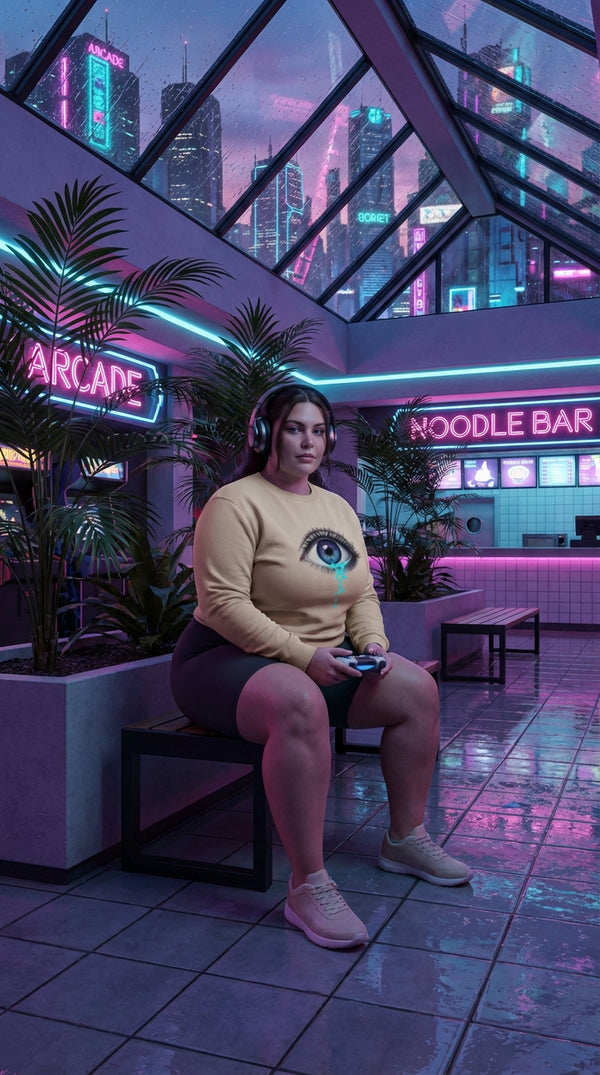 Digital Glitch Eye Organic Cotton Sweatshirt - Cyberpunk Plus in 90s Mall Food Court - 90s Grunge Revival