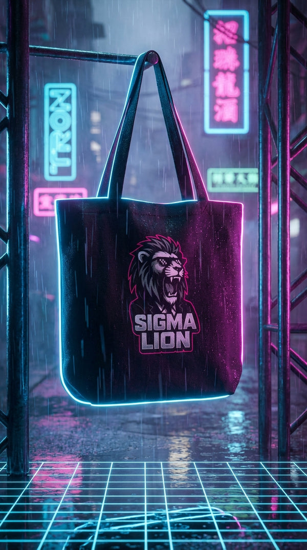 Organic Cotton Tote - Sigma Lion Meme Tote - Cyberpunk Plus in Virtual Reality Grid - 90s Retro Sustainable