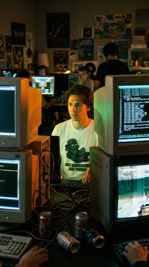 Organic Cotton T-Shirt Unisex 404 Motivation Not Found Tee - 90s Retro Hacker in 90s LAN Party - Cinematic Showcase