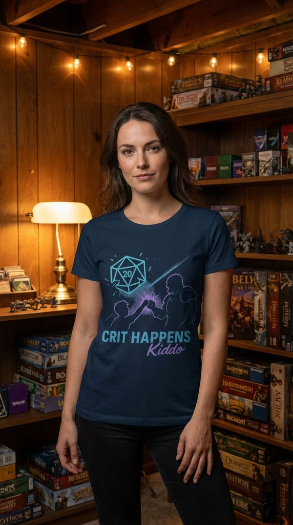 Crit Happens Kiddo Tee - Female Model in Cozy Game Den - Kitchen Table Legend