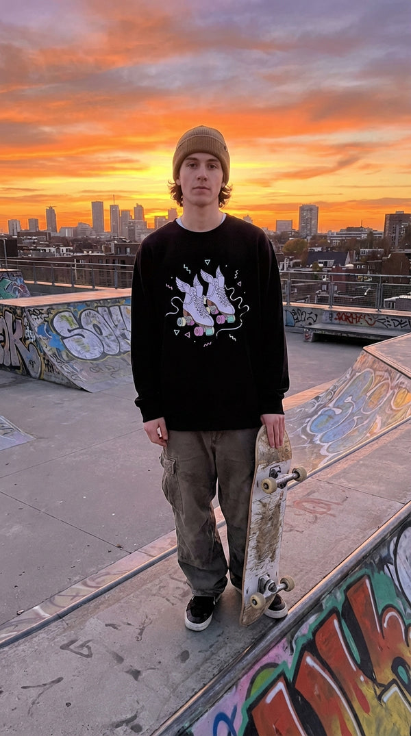 Retro Winged Skates Organic Cotton Sweatshirt - Urban Skater in Rooftop Skatepark - 90s Retro Sustainable