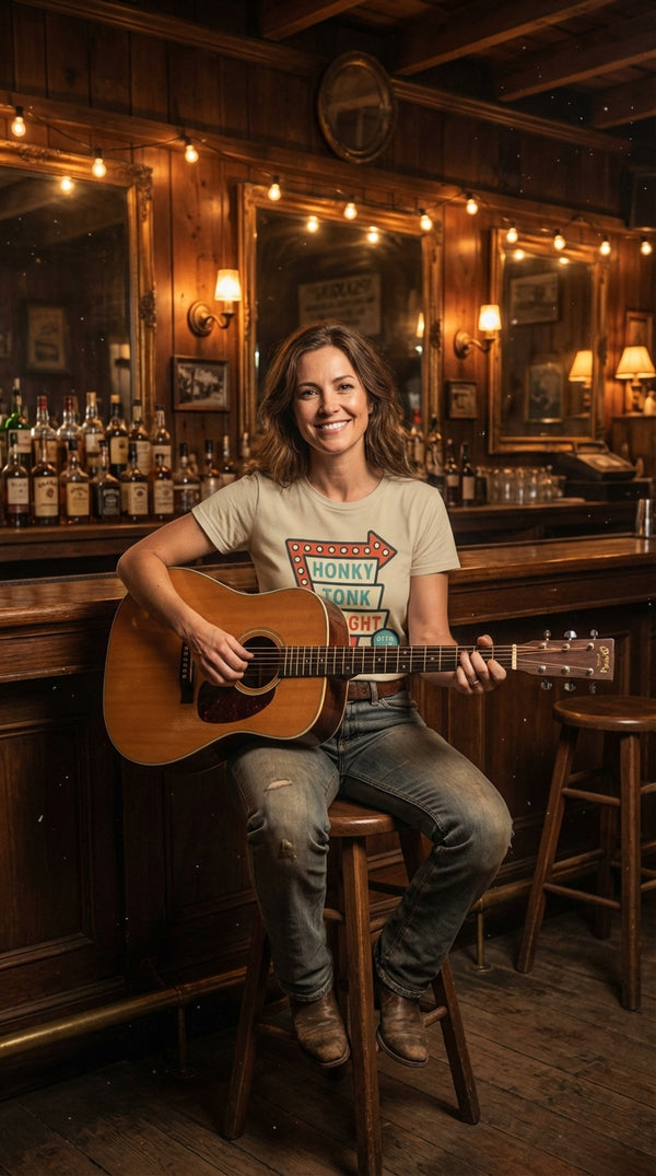 Honky-tonk Tonight Arrow Sign Organic Western Bar Tee - Acoustic Guitarist in Saloon Interior - Eco-Aesthetic Lifestyle
