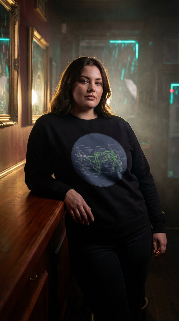 Mecha Bull Blueprint Organic Cotton Sweatshirt - Cyberpunk Plus in Saloon Interior - Eco-Aesthetic Lifestyle