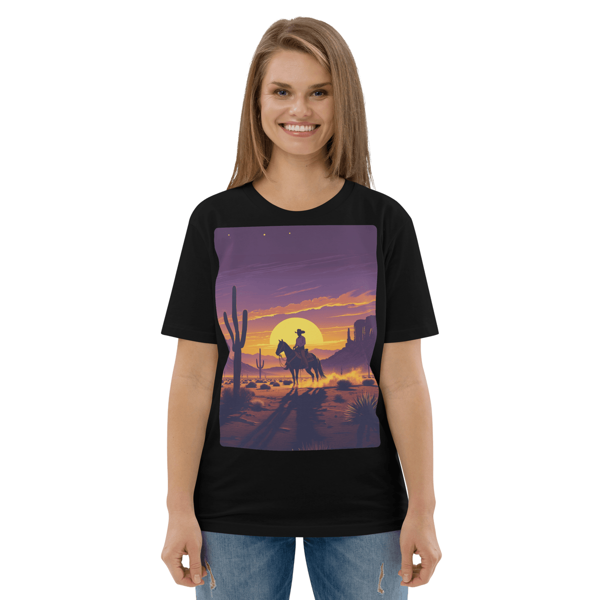 Desert Cowboy Organic Cotton T-Shirt - Western Sunset Graphic Tee - Design Delight Studio