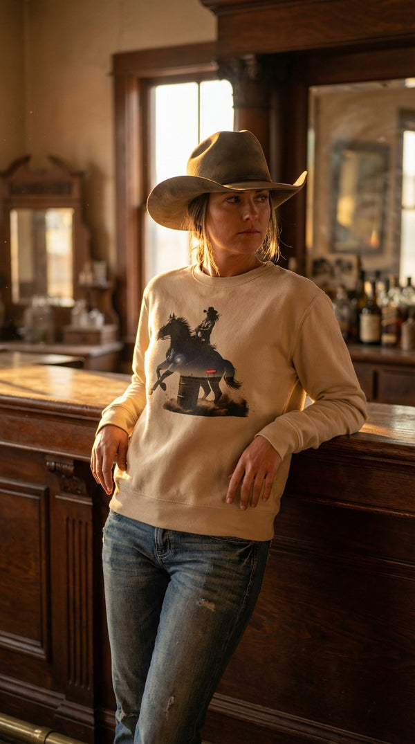 Midnight Bronco Organic Cotton Sweatshirt - Cowgirl Model in Saloon Interior - Eco-Aesthetic Lifestyle