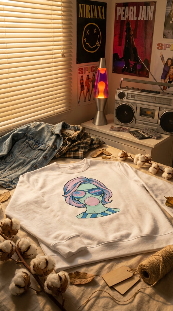 Vaporwave Bubblegum Girl Organic Sweatshirt - GOTS Certification Hero in 90s Teenage Bedroom - 90s Retro Sustainable