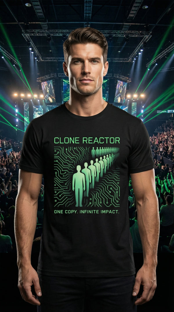 Organic Cotton T-Shirt Unisex Clone Reactor Tech Mage Tee - Male Model in Esports Arena - The Tournament Grinder