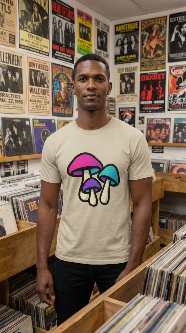 Neon Mushroom Trio Organic Cotton T-Shirt - Male Model in Vintage Record Store - 90s Retro Sustainable