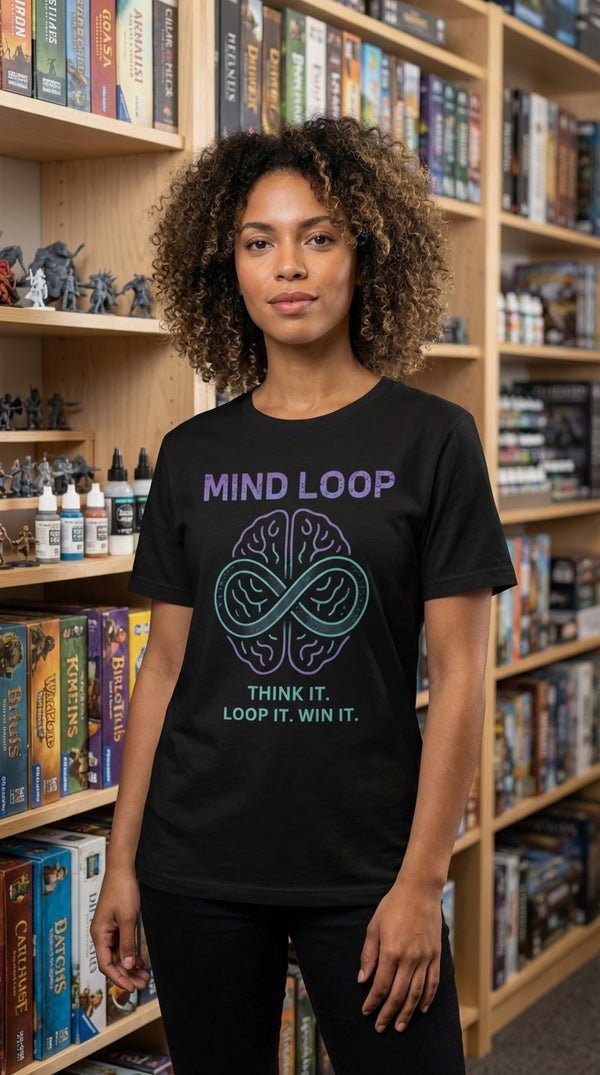 Organic Cotton T-Shirt Unisex - Mind Loop Tee - Female Model in Local Game Store - Mana Color Aesthetic
