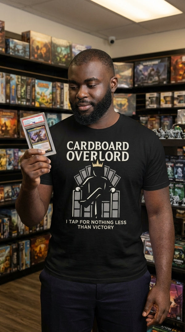 Cardboard Overlord Throne T-Shirt - Card Collector in Local Game Store - Mainboard Staple