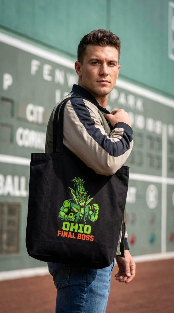 Organic Cotton Tote - Ohio Final Boss - Male Model in Fenway Park - 90s Retro Sustainable