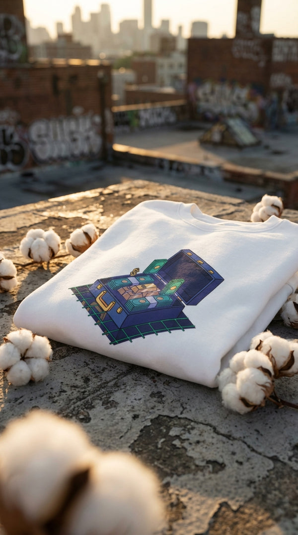 Secure The Bag Organic Sweatshirt - Retro Isometric Edition - GOTS Certification Hero in Rooftop Skatepark - 90s Retro Sustainable