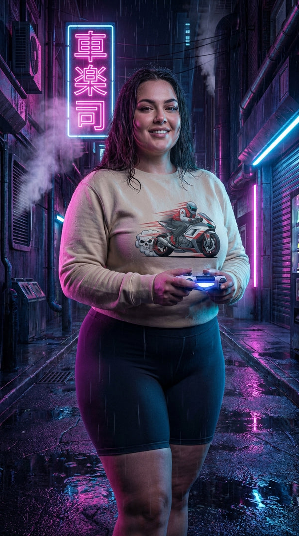 Retro Moto Racer Organic Sweatshirt - Cyberpunk Plus in Cyberpunk Slum - 90s Retro Sustainable