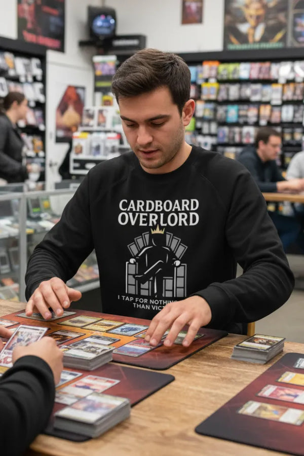 Man wearing a 'Cardboard Overlord' shirt playing card games in a store.