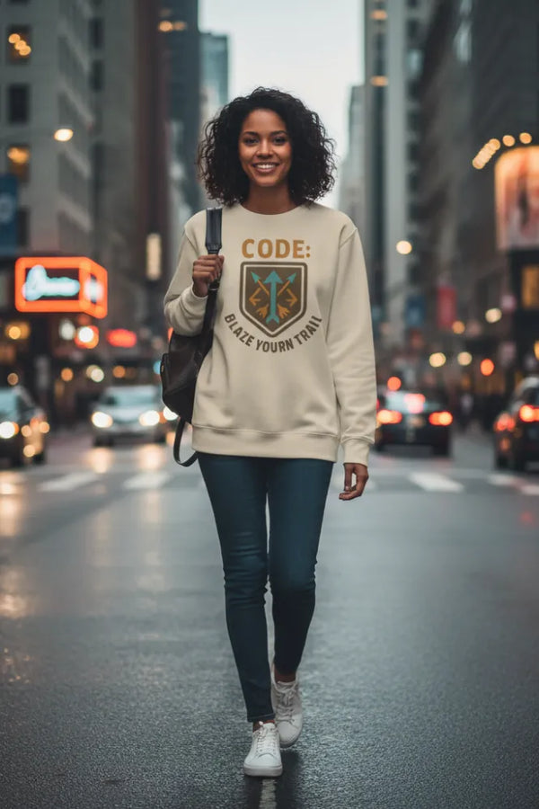 Woman walking on a city street wearing a sweatshirt with a visible logo.