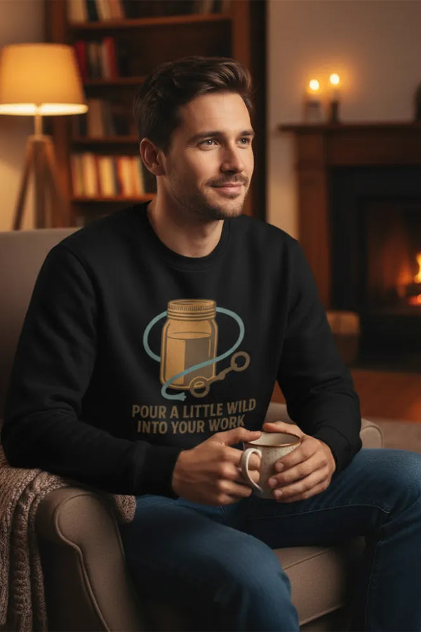 Man sitting in a cozy room holding a mug, wearing a black sweatshirt with a graphic design.