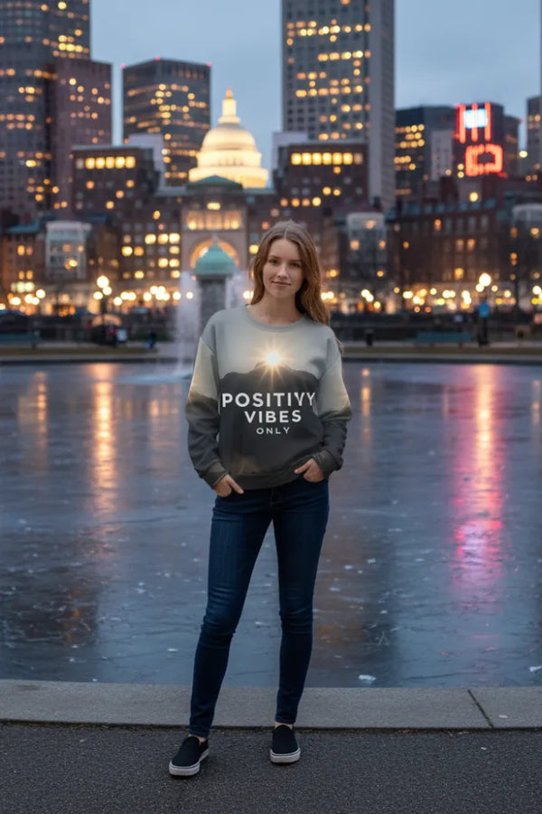 Person wearing a 'Positivyy Vibes Only' sweatshirt in an urban setting with city lights.