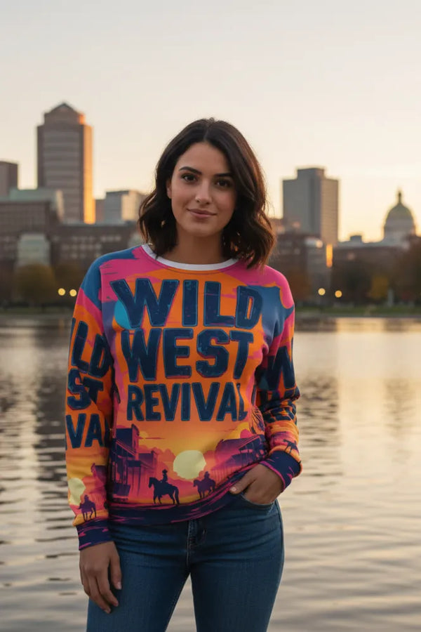 Woman wearing a colorful 'Wild West Revival' sweatshirt by a body of water with a city skyline in the background.