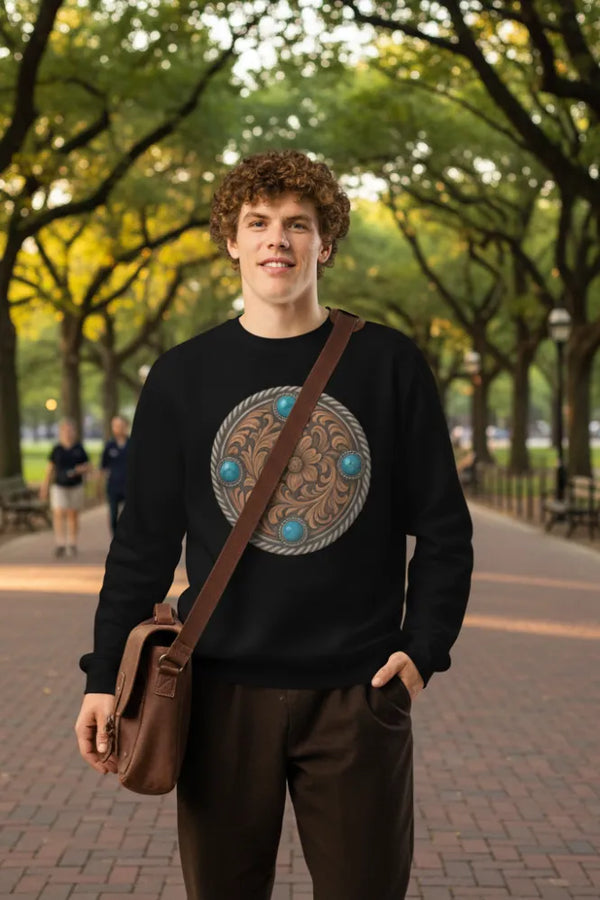 Man wearing a black sweater with a decorative design, holding a brown bag, standing on a tree-lined path.