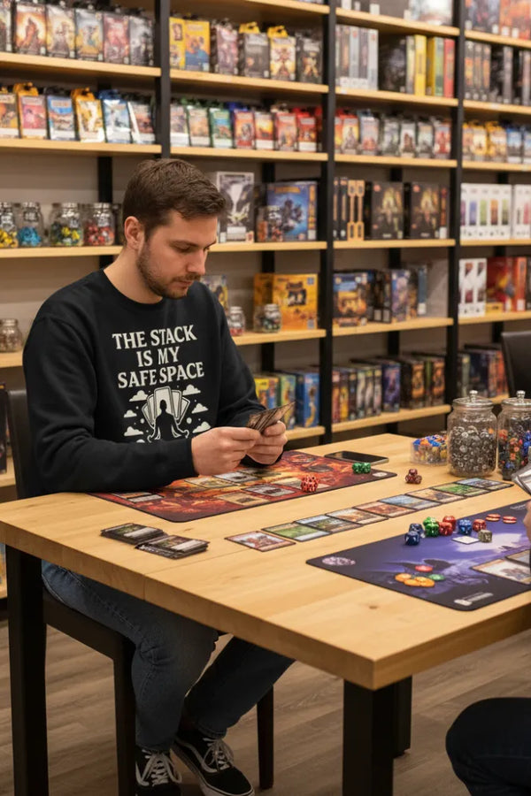 Person playing a board game in a store with shelves of games and collectibles.