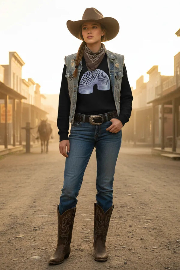 Woman in cowboy hat and boots standing on a dusty street with western-style buildings.