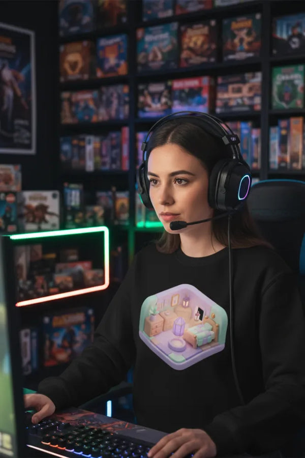 Person wearing a headset and black sweatshirt with a colorful design, sitting in front of a computer screen with a gaming-themed room in the background.