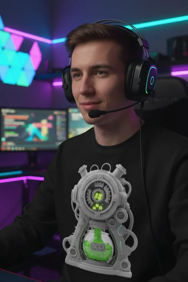 Person wearing a gaming headset in a colorful gaming setup with multiple monitors.