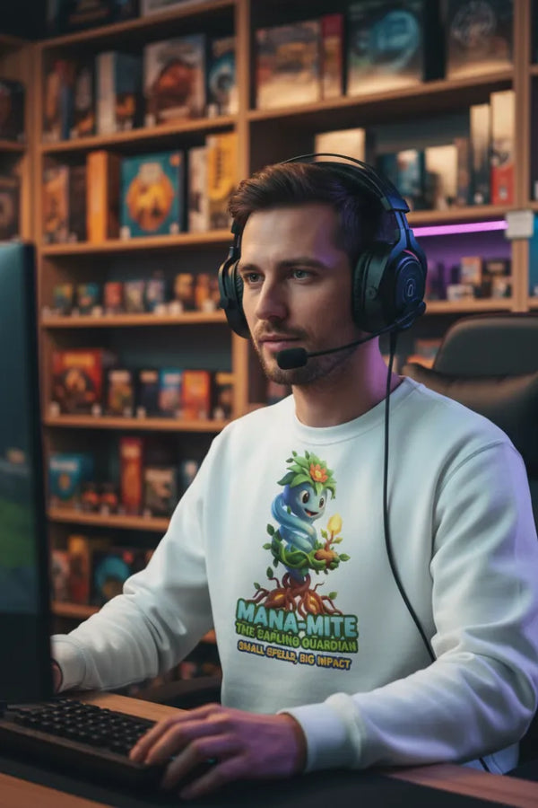 Man wearing headphones and a sweatshirt with a graphic design in a room with bookshelves.