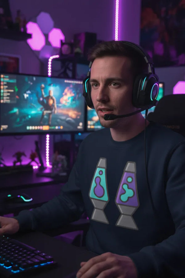 Person wearing headphones and a dark sweatshirt with lava lamp design in a gaming setup.