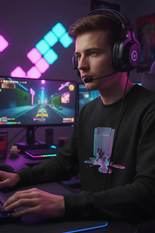 Gamer wearing headphones and a black sweatshirt with a colorful graphic, sitting in front of a computer with a vibrant, multicolored geometric pattern in the background.