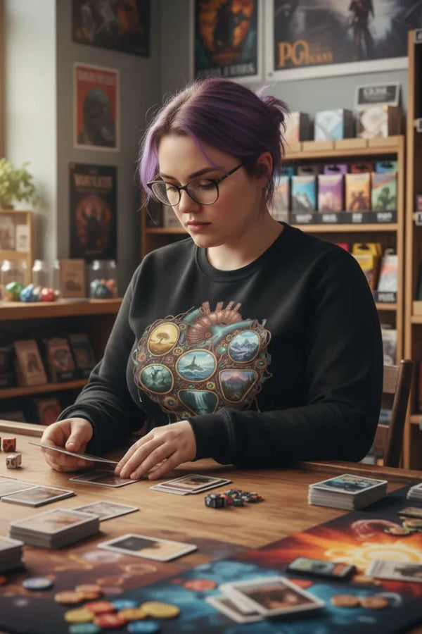 Person with purple hair playing a board game in a cozy room with bookshelves.