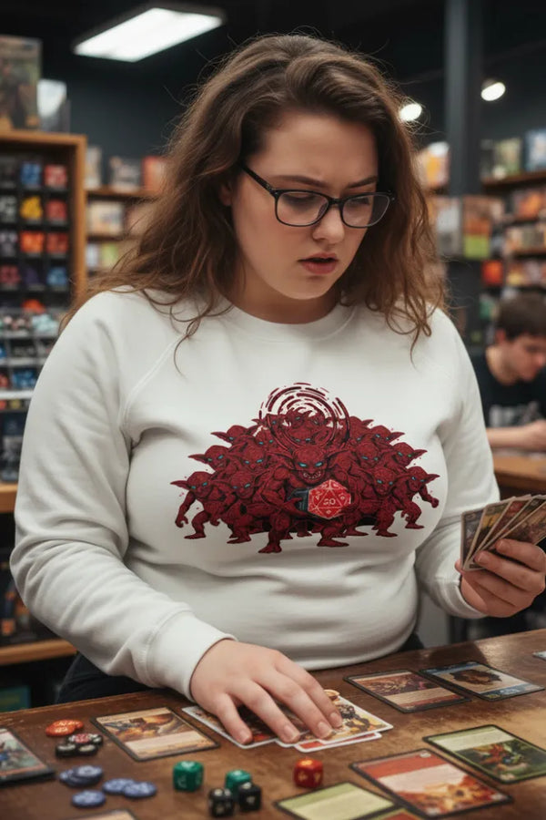 Person playing a board game in a store setting, wearing a sweatshirt with a red design.