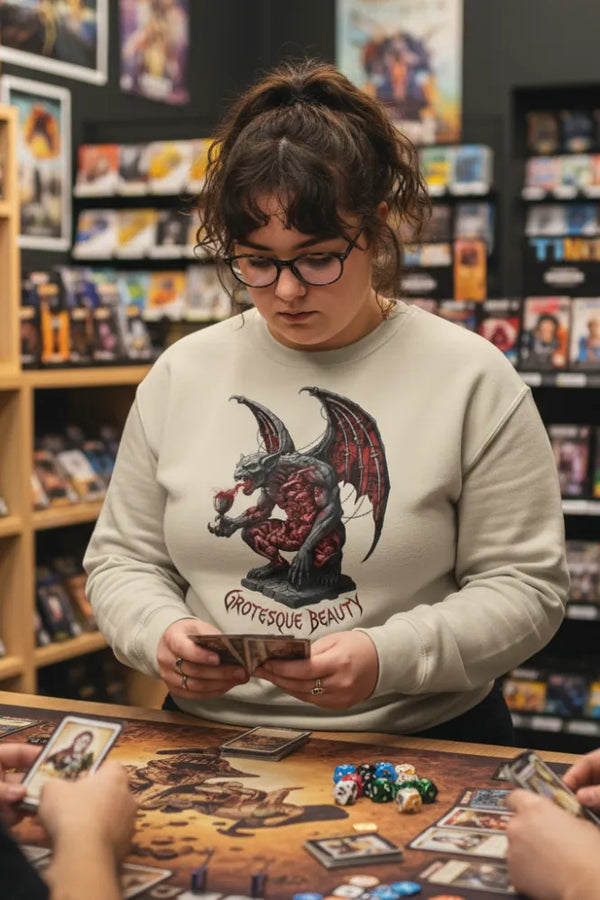 Person playing a board game in a store with shelves in the background
