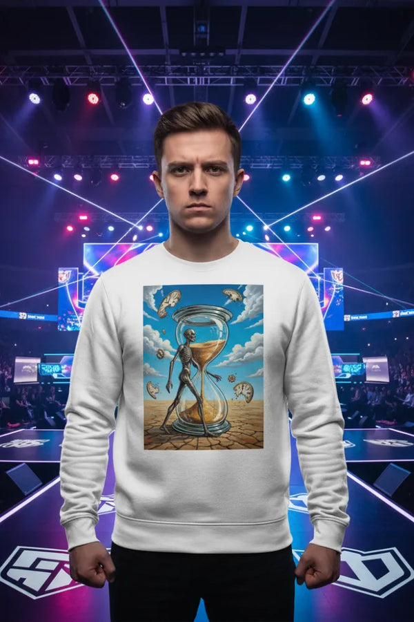 Person wearing a white sweatshirt with a sand timer design in front of a vibrant, illuminated stage.