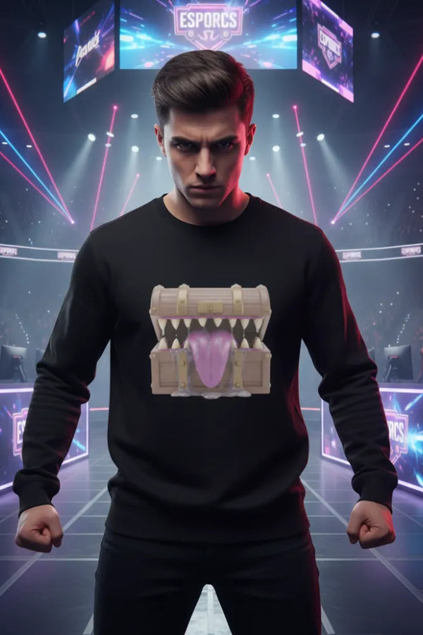 Person wearing a black sweatshirt with a graphic design in a futuristic arena setting