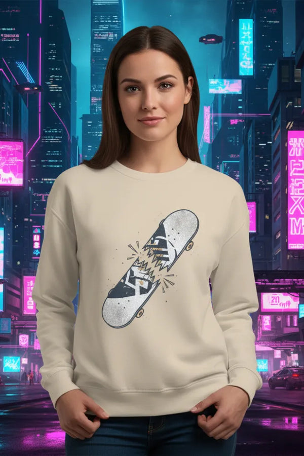 Woman wearing a beige sweatshirt with a graphic design in front of a futuristic cityscape.