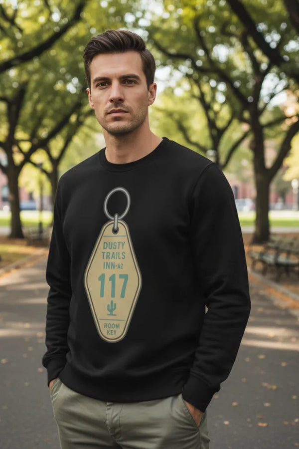 Man wearing a black sweatshirt with a tag design outdoors