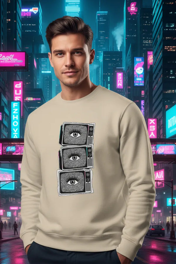 Man wearing a beige sweatshirt with eye design in a futuristic cityscape