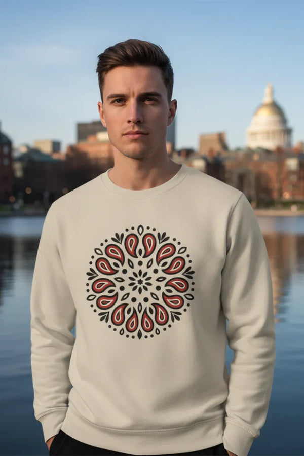 Man wearing a beige sweatshirt with a red and black mandala design, standing by a waterfront with buildings in the background.