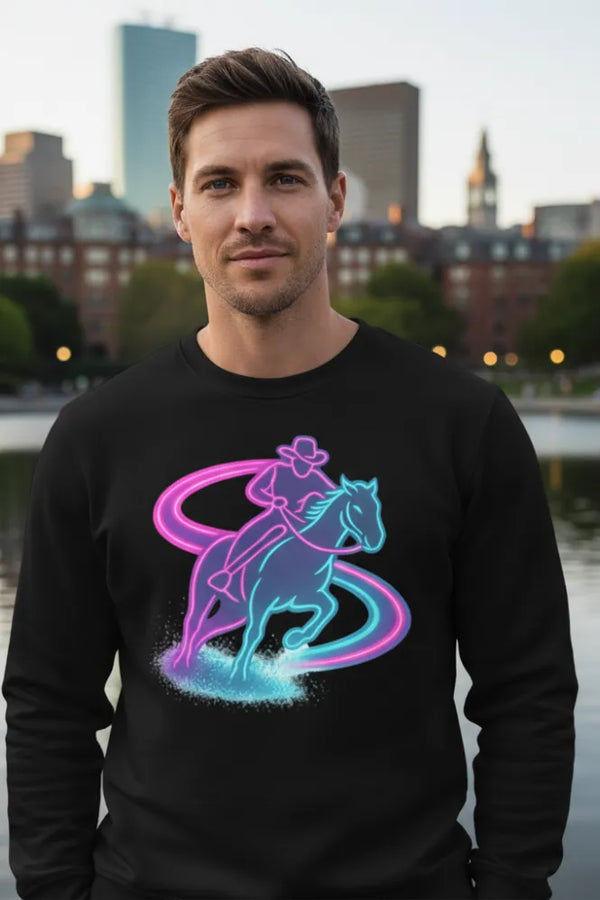 Man wearing a black sweatshirt with a colorful graphic design of a person on a horse, standing in an urban setting.