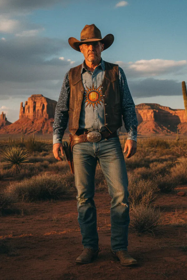 Man in cowboy attire standing in a desert landscape with rocky formations and cacti.