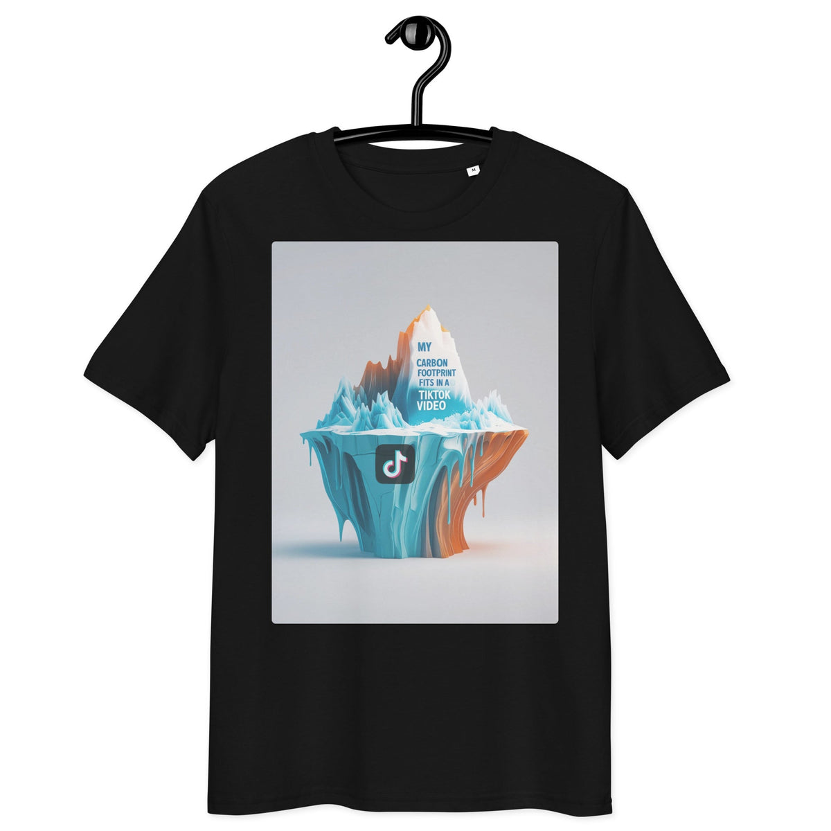 Eco-friendly organic cotton t-shirt – 'My Carbon Footprint Fits in a TikTok Video' design. Sustainable fashion with a bold climate statement. Soft, breathable, and ethically made. Shop now at Design Delight Studio.