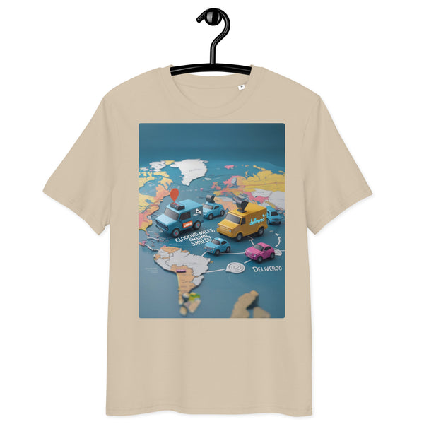 Organic cotton t-shirt – ‘Gig Economy Delivery Mashup’ design featuring a playful map of global delivery services. Soft, eco-friendly & perfect for couriers!