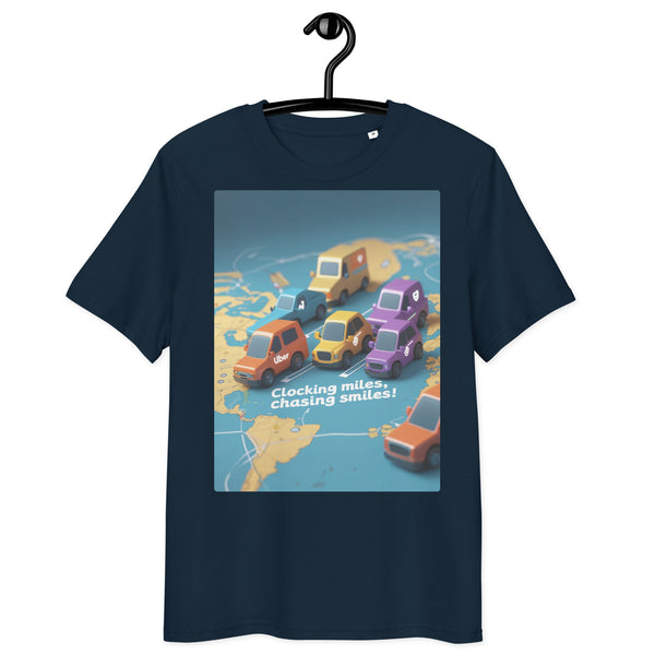 Organic cotton t-shirt – ‘Clocking Miles, Chasing Smiles’ fun road trip design. Perfect for truckers, travelers & adventure lovers. Soft, eco-friendly fabric!