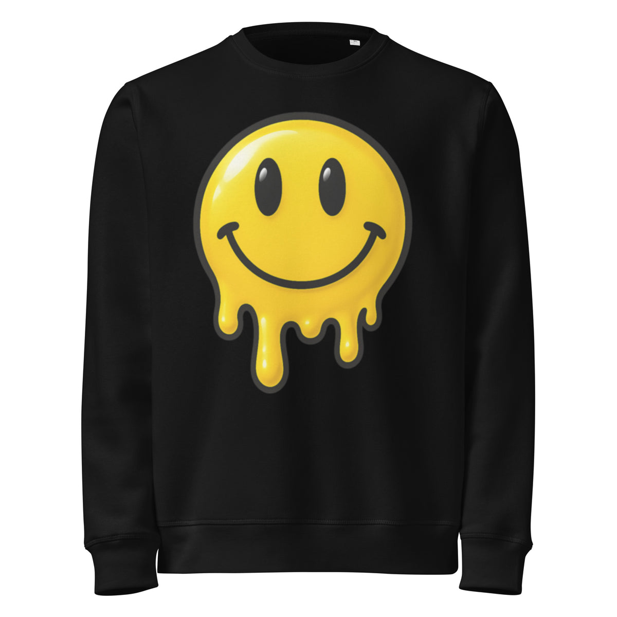 Black sweatshirt with a yellow smiley face design on a white background