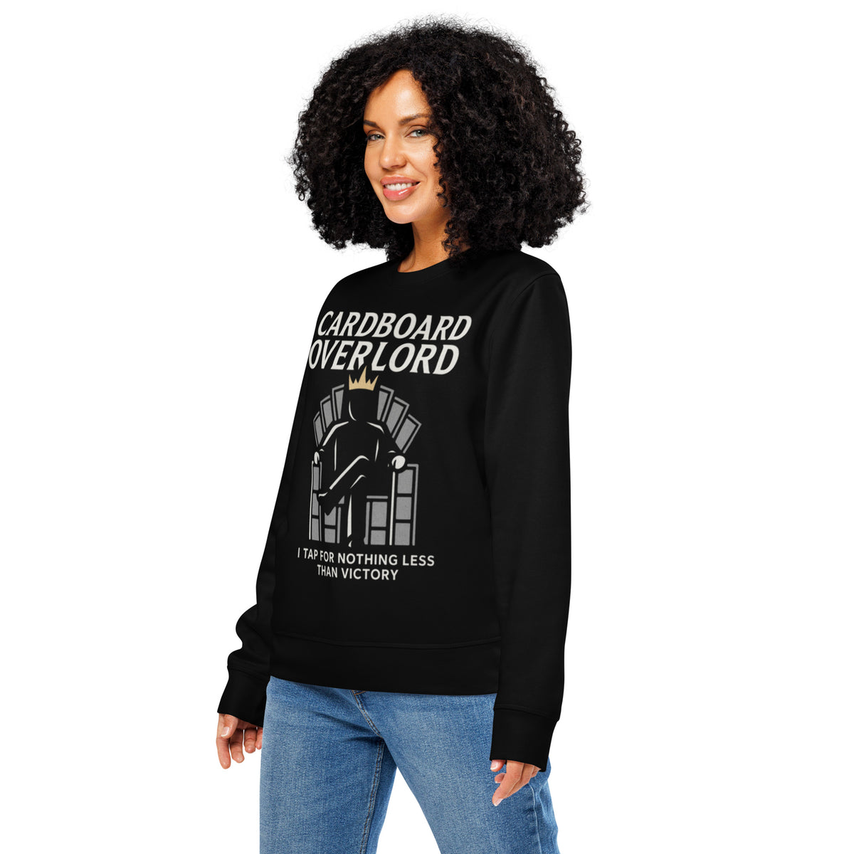 Woman wearing a black sweatshirt with 'Cardboard Overlord' design on a white background