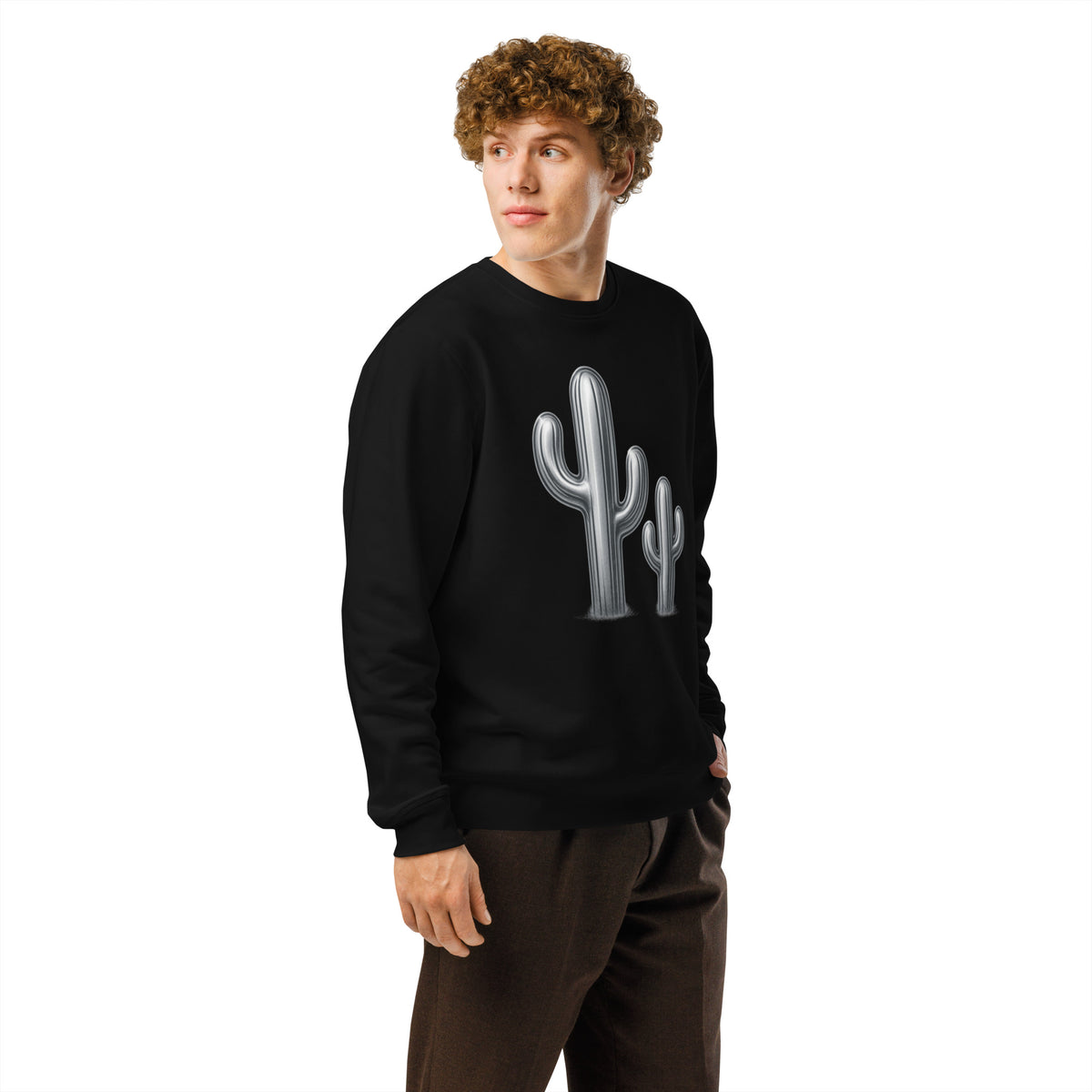 Person wearing a black sweatshirt with a cactus design on a white background